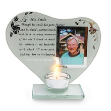 Load image into Gallery viewer, His Smile glass memorial candle holder and photo frame | thinking of you gifts | Dad memorial gift
