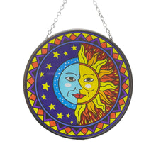 Load image into Gallery viewer, Sun and moon eclipse glass sun catcher with geometric border | 150mm diameter with chain for hanging | colour catcher | window decoration | perfect for conservatory | living rooms | garden | garden ha
