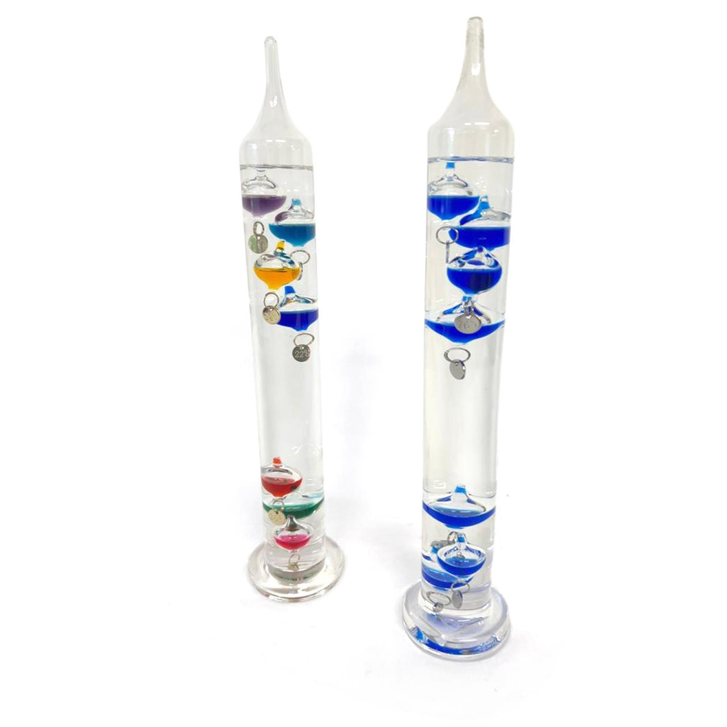 Set of Two 30cm Tall Free Standing Galileo Thermometers each with seven floating globes | measures temperatures from 16 degrees Centigrade to 28 degrees | also in Fahrenheit | Weather station