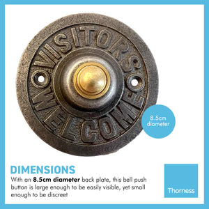 Cast iron traditional round Doorbell Push Button | Visitors welcome |8.5cm diameter | Brass push button with cast iron surround | Vintage style door bell push