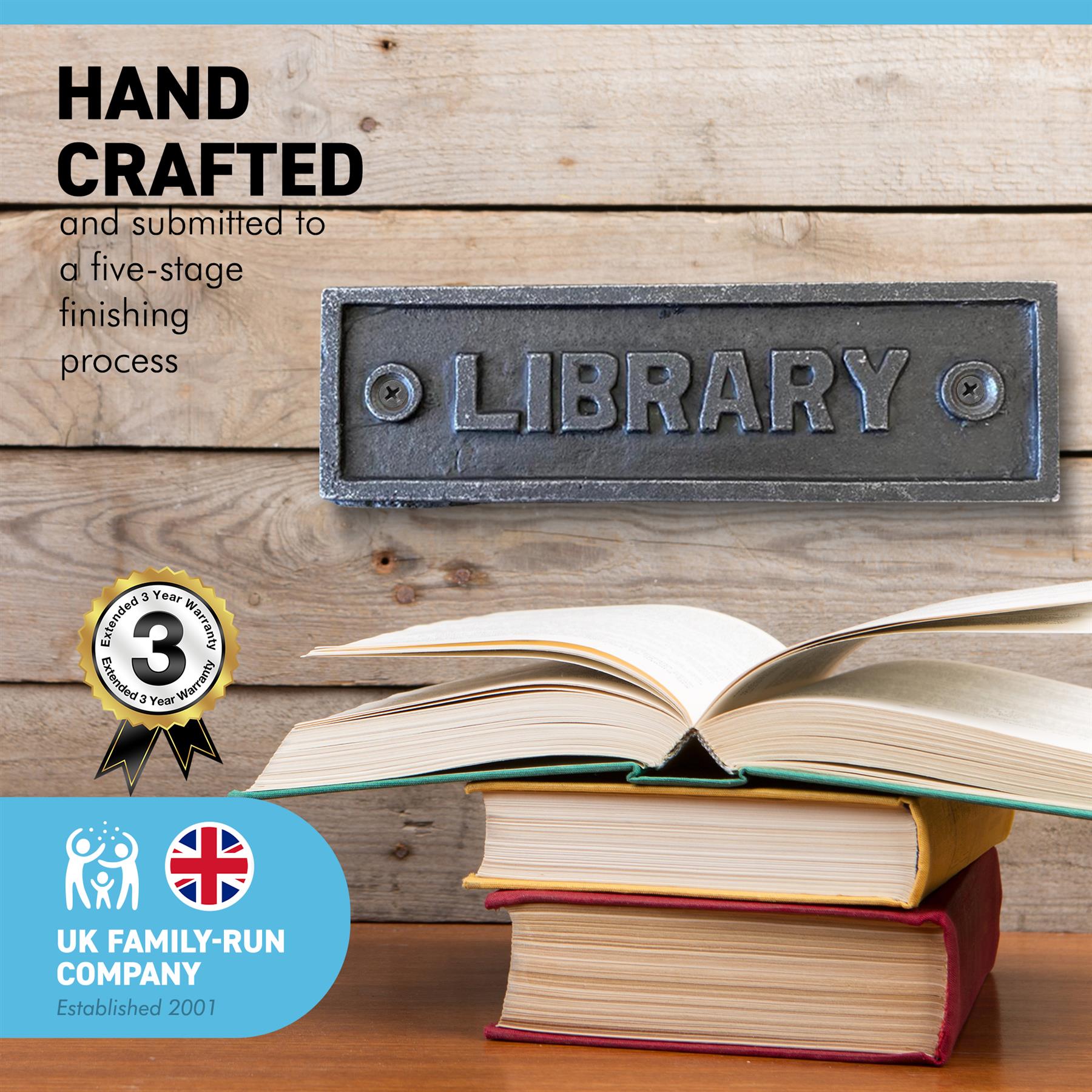 Cast Iron Antique Style LIBRARY PLAQUE SIGN | 15cm (L) x 4cm (H) | Ide ...