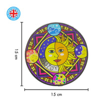 Load image into Gallery viewer, Glass sun catcher with sun and moon design with four seasons border | 150mm diameter with chain for hanging | colour catcher | window decoration | perfect for conservatory | living rooms | garden
