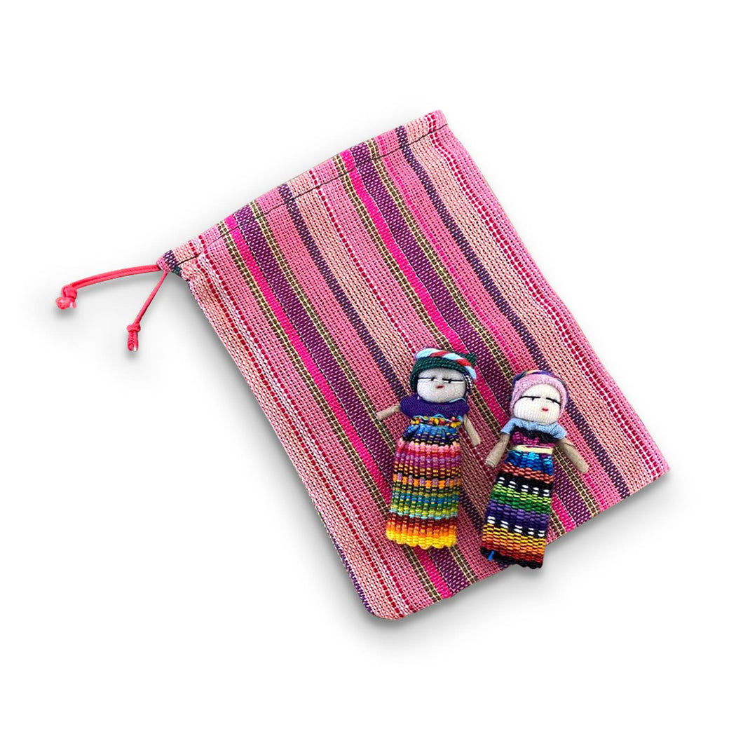 Set of 2 Guatemalan handmade Worry Doll with a colourful crafted storage bag