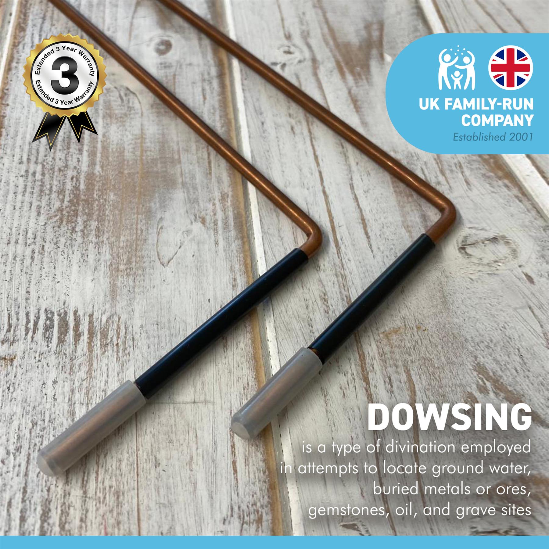 COPPER DOWSING DIVING RODS with Handles and INSTRUCTIONS for use