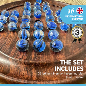 22cm Diameter WOODEN SOLITAIRE BOARD GAME with BRILLIANT BLUE SWIRL GLASS MARBLES