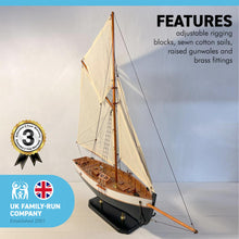 Load image into Gallery viewer, DETAILED WOODEN ASSEMBLED DISPLAY MODEL OPEN YACHT | Ready for display |Features adjustable rigging blocks sewn cotton sails raised gunwales and brass fittings | 62cm (H) x 44cm (L)
