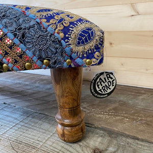Classic Brocade, Diagonal Patchwork, Embroidered, Indian Footstool - Blue.