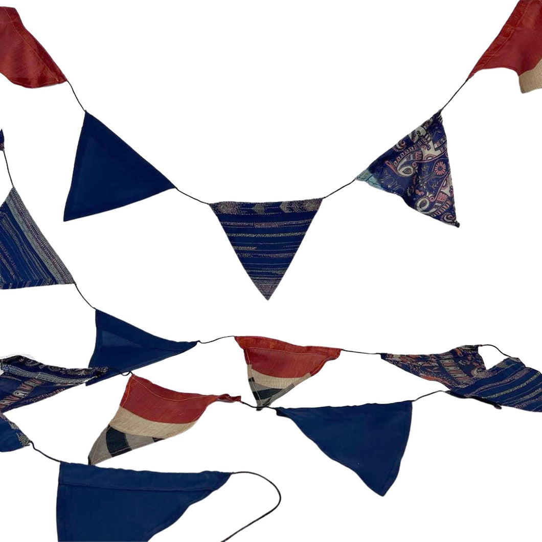 RECYCLED SARI FABRIC BUNTING | Navy Blue colours | 5m long | Garland for Garden Wedding Birthday Indoor Outdoor Party Decoration Festival | Diwali bunting | Bohemian Bunting | Fair Trade