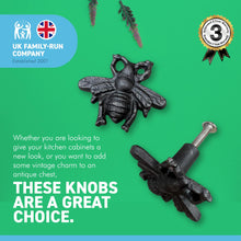 Load image into Gallery viewer, Pack of 2 CAST IRON CUTE FLYING BUG INSECT SHAPED DRAWER KNOBS for Kitchen cupboards | Cast Iron Antique style finish | Vintage charm meets modern functionality | 4.5cm wide x 2cm depth | Draw cabinet pull knob.
