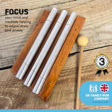 Load image into Gallery viewer, Indonesian three key Aura Chime on wooden base | 3 solid metal chimes | supplied with wooden beater | Sound Therapy | Space Clearing | Feng Shui | Zenergy Trio chime | Three bar aura chime | Energy Chime
