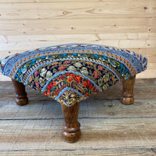 Load image into Gallery viewer, Classic Brocade, Diagonal Patchwork, Embroidered, Indian Footstool - Blue.

