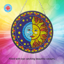 Load image into Gallery viewer, Sun and moon eclipse glass sun catcher with geometric border | 150mm diameter with chain for hanging | colour catcher | window decoration | perfect for conservatory | living rooms | garden | garden ha
