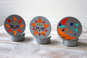 Set of 3 Silver Sun Moon Star Multi Colour Glass Candle Holder