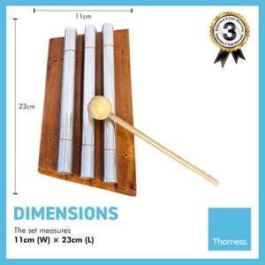 Indonesian three key Aura Chime on wooden base | 3 solid metal chimes | supplied with wooden beater | Sound Therapy | Space Clearing | Feng Shui | Zenergy Trio chime | Three bar aura chime | Energy Chime