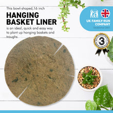 Load image into Gallery viewer, 16 Inch | 40cm | Jute Hanging basket Liner | Bowl shaped | help reduce water loss | hold up to 5 times their own weight in water | Pre-cut slits
