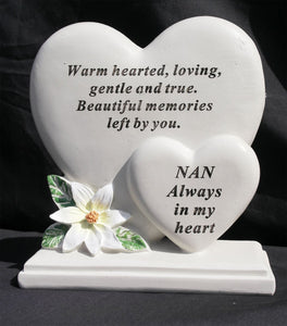 Nan resin memorial ornament graveside tribute plaque double heart flower verse poem