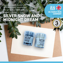 Load image into Gallery viewer, WOW! 2-piece Embossing Glitter Snowy Nights Collection| 2 x 15ml pots | Silver Snow and Midnight Dream | Free your creativity and enhance your card making sparkle
