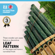 Load image into Gallery viewer, PERUVIAN PANPIPES FEATURING LEAF PATTERN 20cm x 12cm | 8 Pipes | Traditional South American Instrument | Pan Pipe instrument | flute instrument | instrumental | Fair Trade
