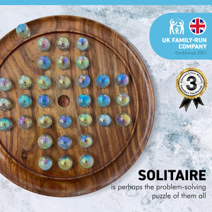 30cm Diameter WOODEN SOLITAIRE BOARD GAME with SOAP BUBBLE CLEAR PEARLESCENT GLASS MARBLES | classic wooden solitaire game | strategy board game | family board game | games for one | board games