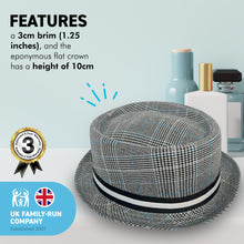 Load image into Gallery viewer, Grey Rude Boy Ska Pork pie Hat with contrasting ribbon band detail| Size L / XL approx. 59cm / 60cm | US size 7 ½ | 100% Polyester | Unisex pork pie hat | Fedora trilby pork pie style
