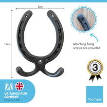 Load image into Gallery viewer, Handcrafted cast iron antique style HORSESHOE DOUBLE ROBE HOOK for hanging coats dog leads cabin hooks Bridle hooks
