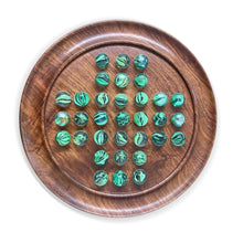 Load image into Gallery viewer, 22cm Diameter WOODEN SOLITAIRE BOARD GAME with LUSH GREEN SWIRL GLASS MARBLES
