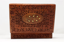 Load image into Gallery viewer, Large Carved Pattern Wood Treasure Chest Trinket Box Brass Inlay
