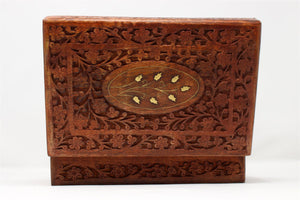 Large Carved Pattern Wood Treasure Chest Trinket Box Brass Inlay