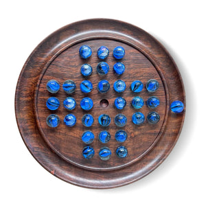 22cm Diameter WOODEN SOLITAIRE BOARD GAME with BRILLIANT BLUE SWIRL GLASS MARBLES