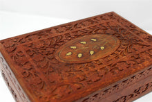 Load image into Gallery viewer, Large Carved Pattern Wood Treasure Chest Trinket Box Brass Inlay
