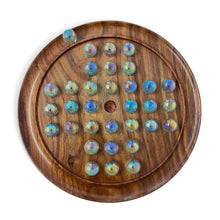 Load image into Gallery viewer, 30cm Diameter WOODEN SOLITAIRE BOARD GAME with SOAP BUBBLE CLEAR PEARLESCENT GLASS MARBLES | classic wooden solitaire game | strategy board game | family board game | games for one | board games
