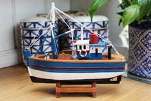 Load image into Gallery viewer, Wooden model Navy and White Hull fishing boat with realistic fishing finishing touches Ornament
