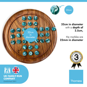 30cm Diameter WOODEN SOLITAIRE BOARD GAME with FROSTED ICEBERG GLASS MARBLES | classic wooden solitaire game | strategy board game | family board game | games for one | board games