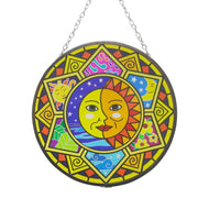 Glass sun catcher with sun and moon design | 150mm diameter with chain for hanging | colour catcher | window decoration | perfect for conservatory | living rooms | garden | garden hanging | suncatcher
