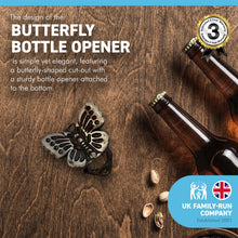Load image into Gallery viewer, Cast Iron Butterfly wall mounted bottle opener | Rustic Vintage design | Measures approximately 8cm (L) x 7.5cm (W)
