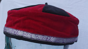 Red medium Tibetan trim smoking / thinking / lounging cap with tassels