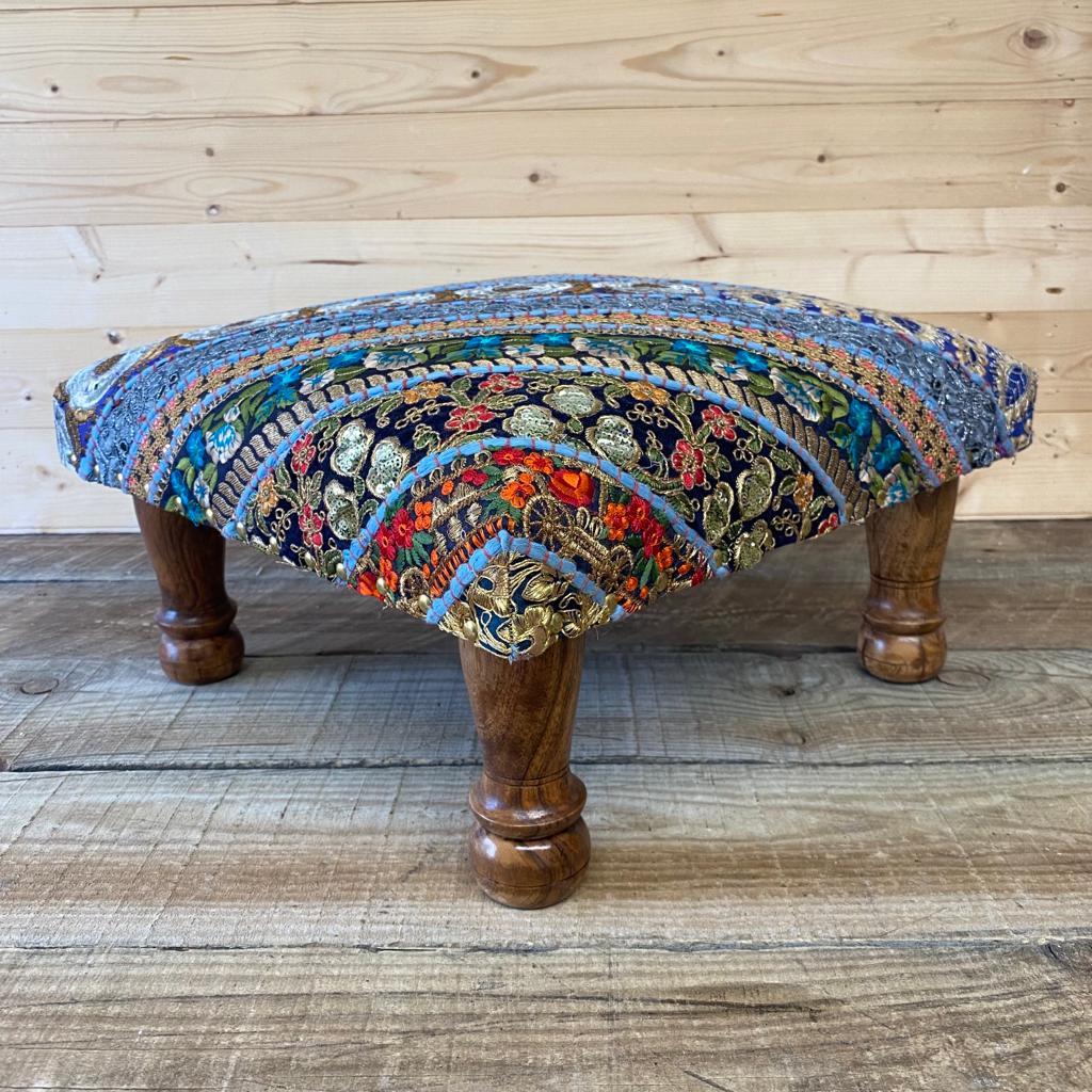Classic Brocade, Diagonal Patchwork, Embroidered, Indian Footstool - Blue.