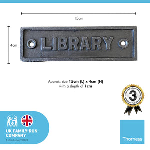 Cast Iron Antique Style LIBRARY PLAQUE SIGN | 15cm (L) x 4cm (H) | Ideal for bookshelves, walls, or doors