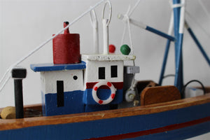 Wooden model Navy and White Hull fishing boat with realistic fishing finishing touches Ornament