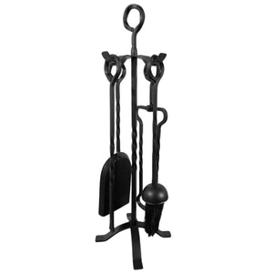 Five-piece metal black spiral eye handled Fireplace Companion Set | Fire companion sets | includes stand, brush, tongs, poker, and shovel | 53cm high | wood burner set | Fireside tools accessories | fire set