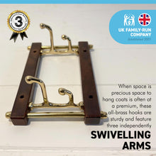 Load image into Gallery viewer, Two-way Folding Coat Hook | Polished brass finish | | Wall mounted for bathroom kitchen bedroom | Captains hook | independently swivelling arms | Versatile and elegant
