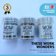 Load image into Gallery viewer, WOW! 3 piece Embossing Glitter Winter Collection| 3 x 15ml pots | Silver Sparkle Silver Snow and Metallic Gold Rich| Free your creativity and enhance your card making sparkle | High-quality and NON-TOXIC

