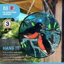 Load image into Gallery viewer, Robin Redstart Glass sun catcher | 150mm diameter with chain for hanging | colour catcher | window decoration | perfect for conservatory
