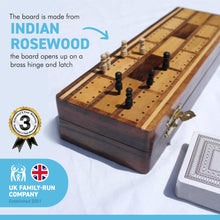 Load image into Gallery viewer, Wooden cribbage board with pegs and two packs of playing cards
