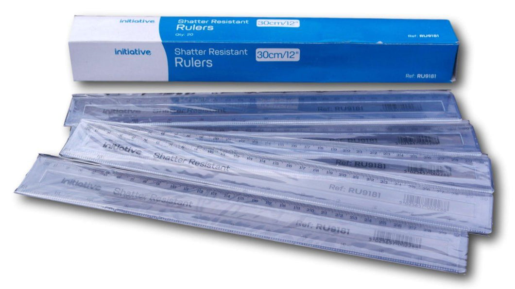 Pack of 5 shatter resistant clear plastic rulers 30cm (12 Inch)