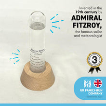 Load image into Gallery viewer, FITZROY STORM GLASS WEATHER PREDICTION DESK ORNAMENT | Weather forecaster | Weather station |barometer | science ornament | weather predicting storm glass with wooden stand | 14 cm x 6 cm x 6 cm
