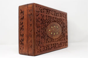 Large Carved Pattern Wood Treasure Chest Trinket Box Brass Inlay