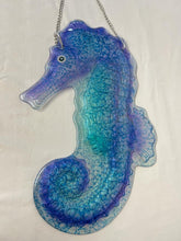 Load image into Gallery viewer, LARGE GLASS SEAHORSE WALL HANGING PLAQUE | Bathroom hanging ornament outdoor nautical glass decoration | Seaside décor | nautical décor | 44cm (L) x 26cm (W) | Bathroom wall art
