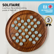 Load image into Gallery viewer, 30cm Diameter WOODEN SOLITAIRE BOARD GAME with SNOWFLAKE WHITE and AQUA GLASS MARBLES | |classic wooden solitaire game | strategy board game | family board game | games for one | board games
