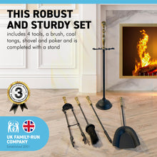 Load image into Gallery viewer, Large brass handled metal 5-piece fireside companion set | Fire companion sets | includes stand, brush, tongs, poker, and shovel | 63cm high

